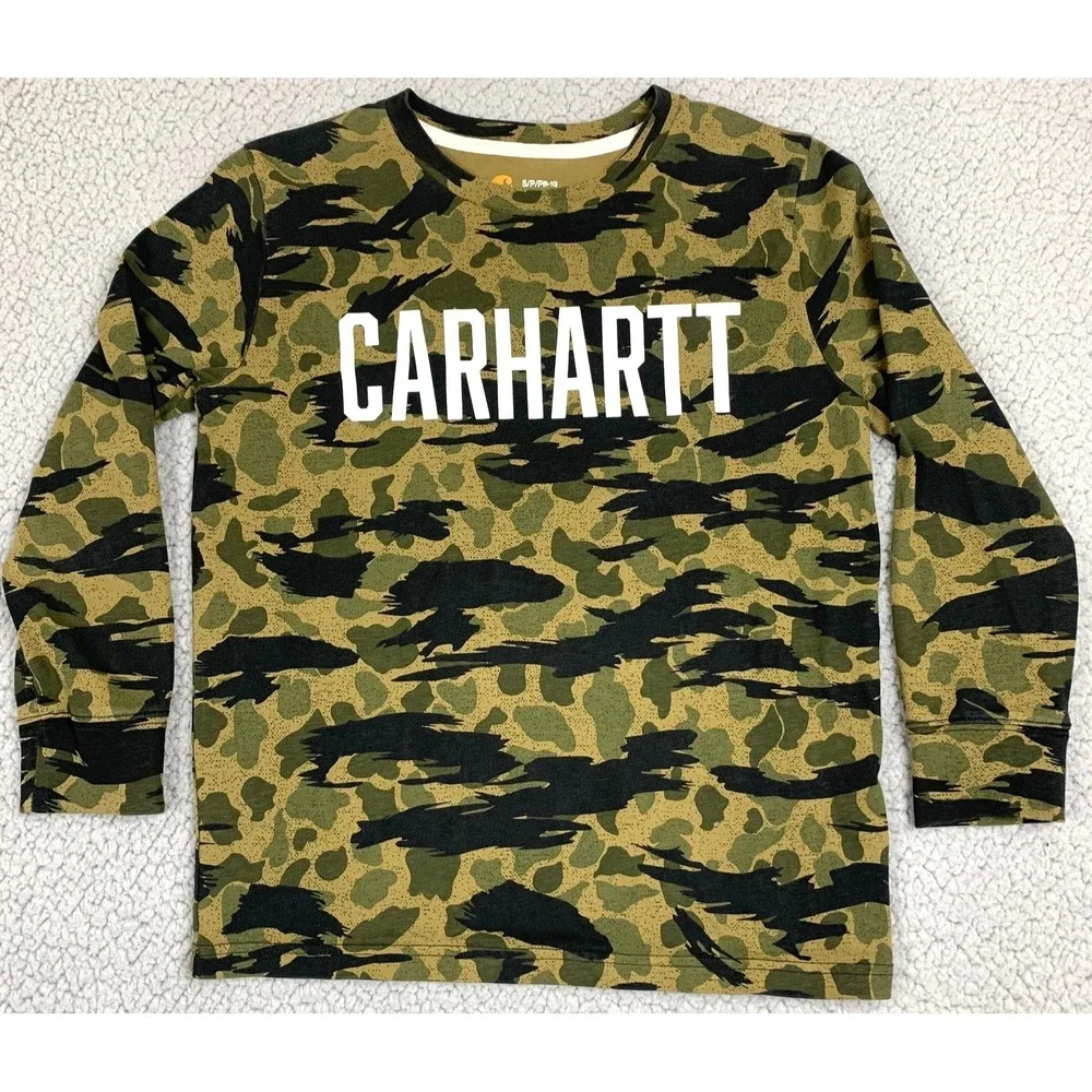 Carhartt‎ T-Shirt Boys S (8-10) Green Cotton Camo Graphic Logo Long Sleeve